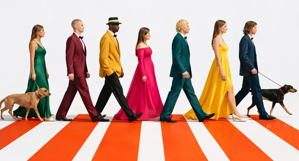 Seven people and two dogs crossing a street, each dressed in a rented outfit.